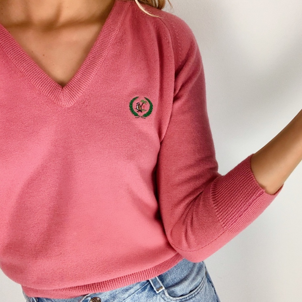 Vintage Made USA Pink Embroidered V Neck Sweater